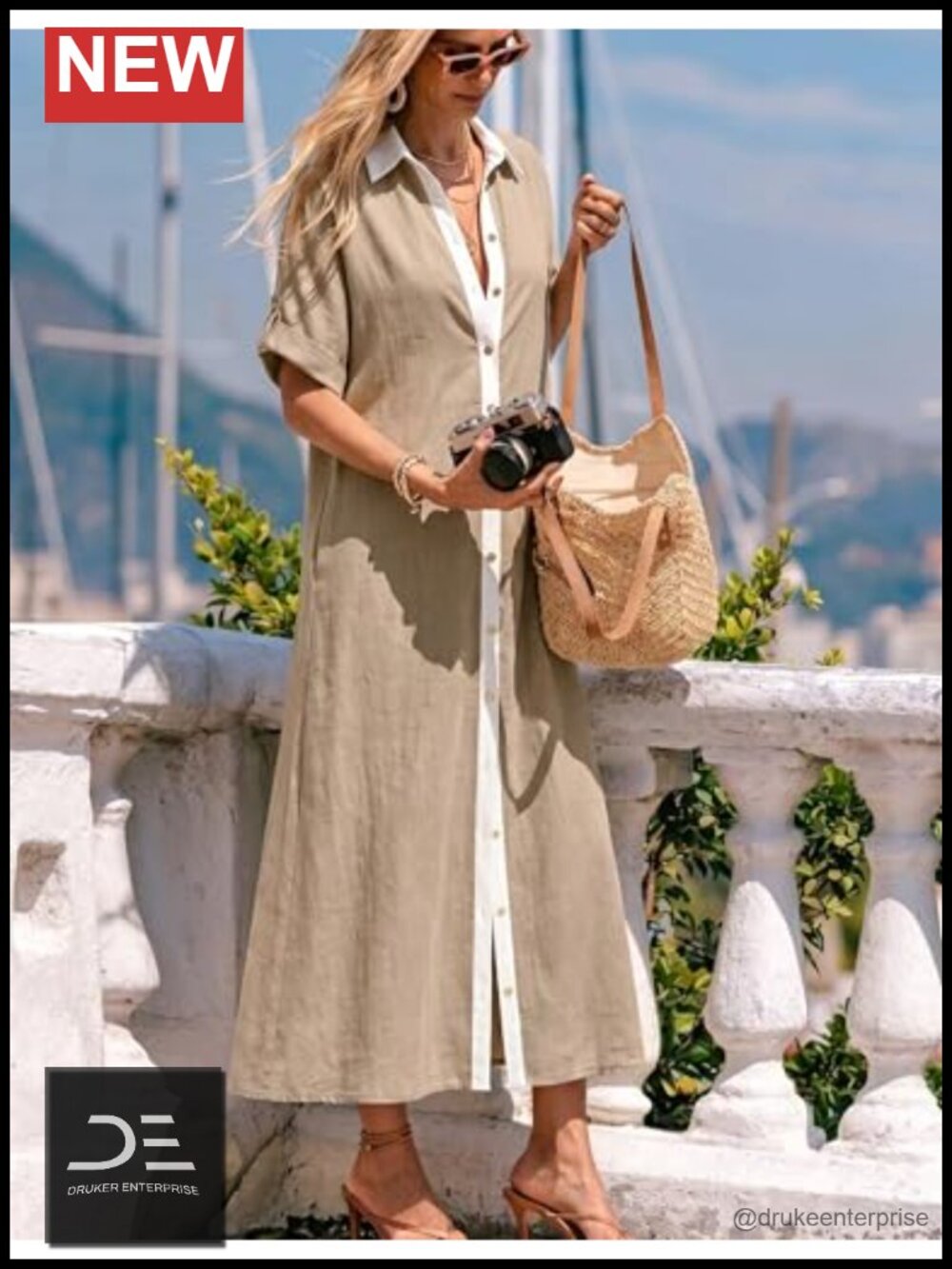 Womens V Neck Button Down Shirt Dress Linen Cotton Maxi Beach Coverup with - Picture 2 of 6